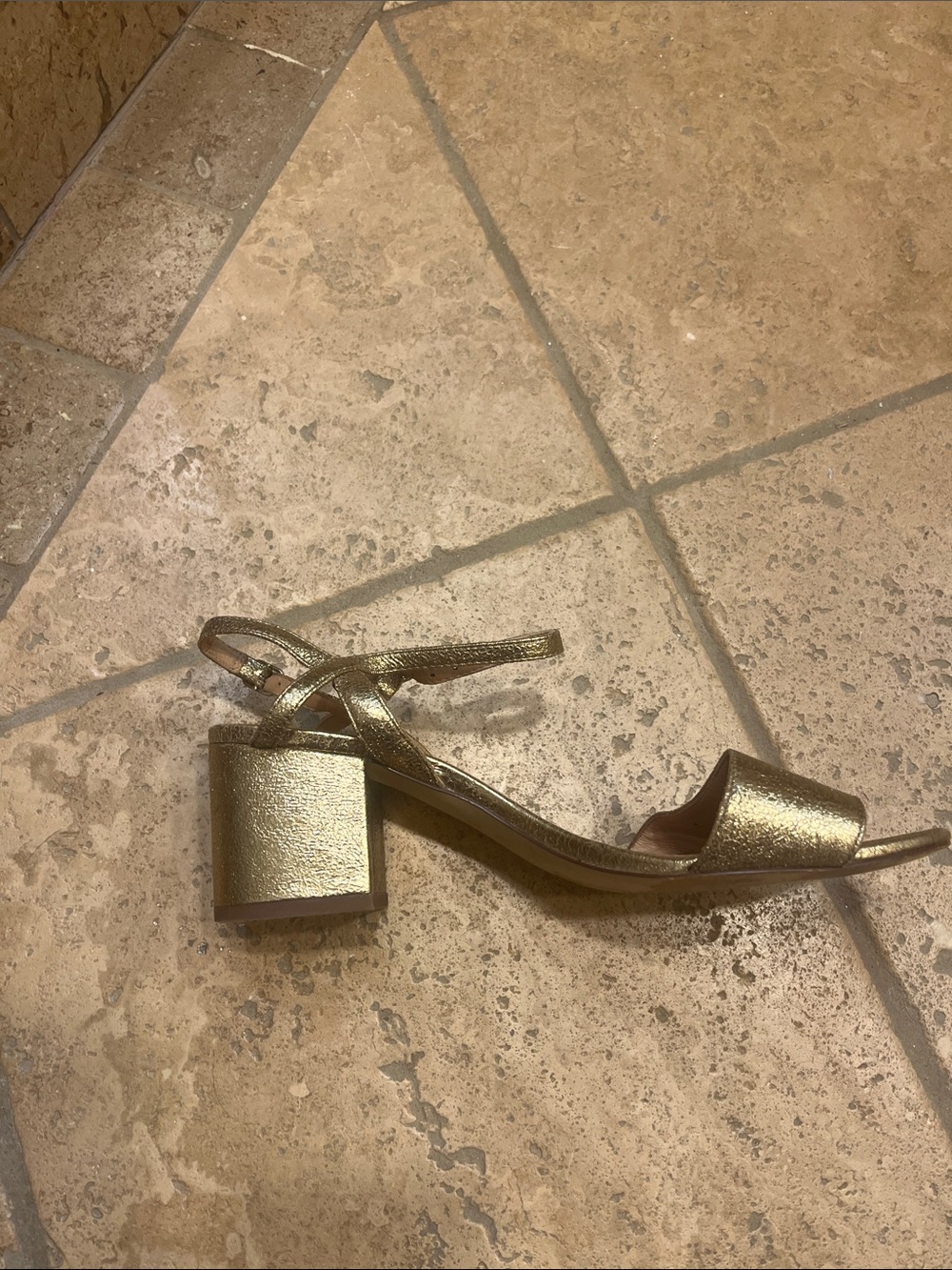 J. Crew Metallic Gold Foil Ankle-Strap Block Heel Sandals - Picture 6 of 7